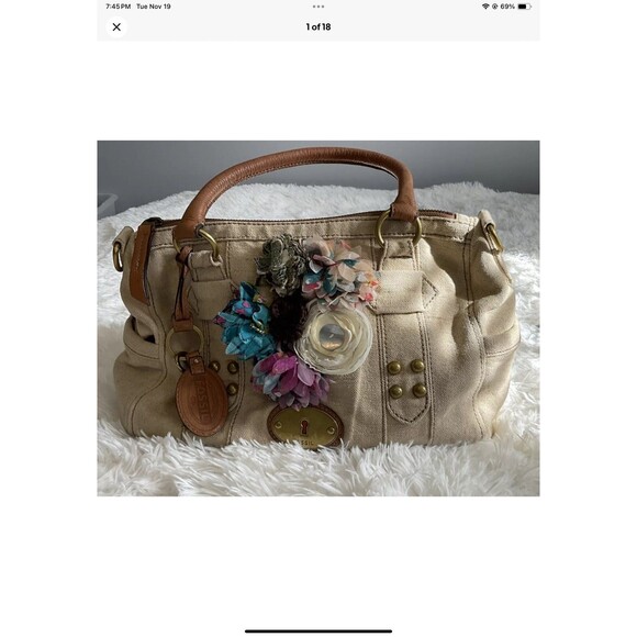 FOSSIL Grayson Beige Canvas Fabric Satchel Bag Added Floral Accessories ***READ - Picture 1 of 12